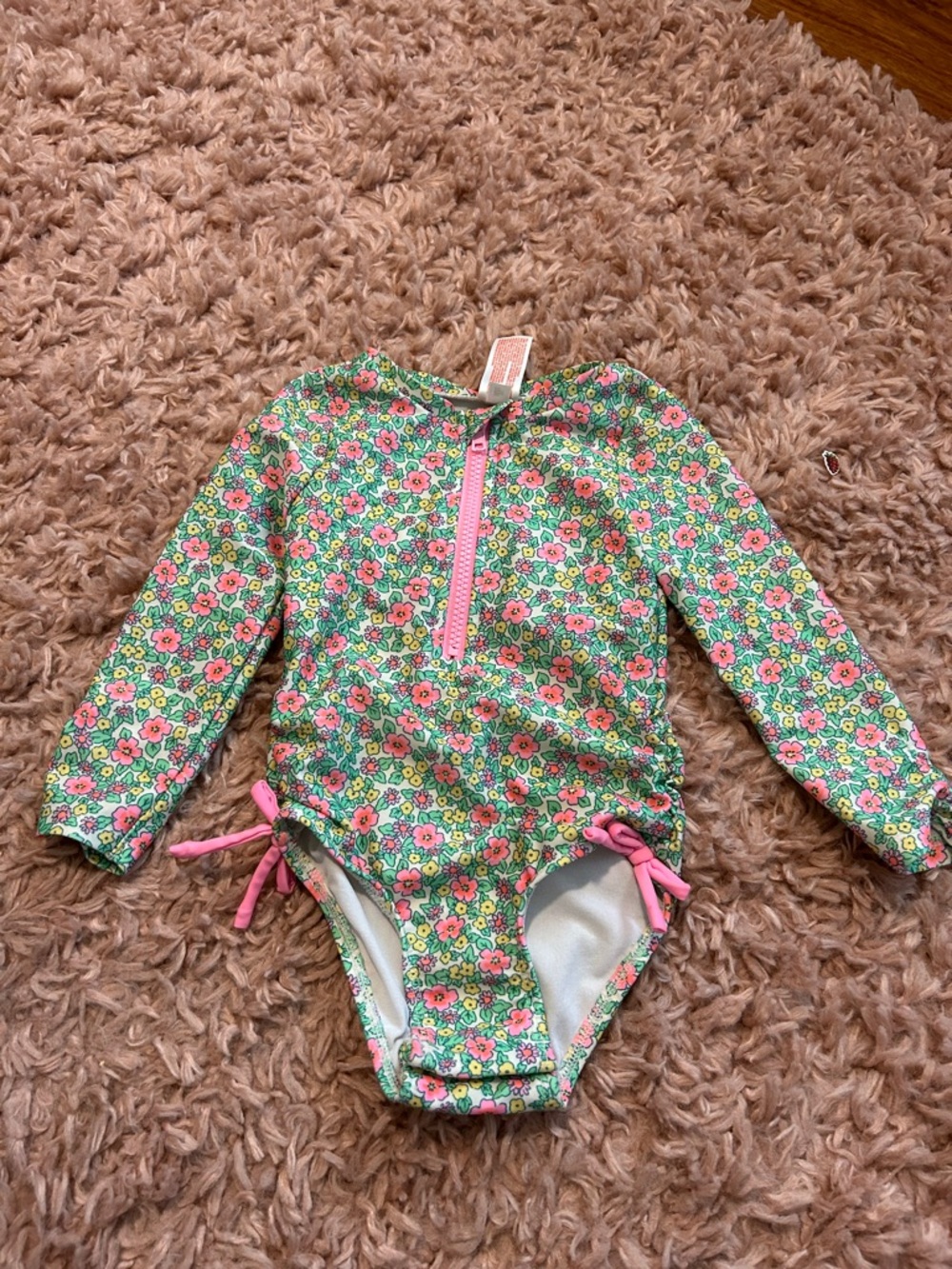 Cat & Jack Green Floral Long Sleeve Swim Suit with Pink Zipper